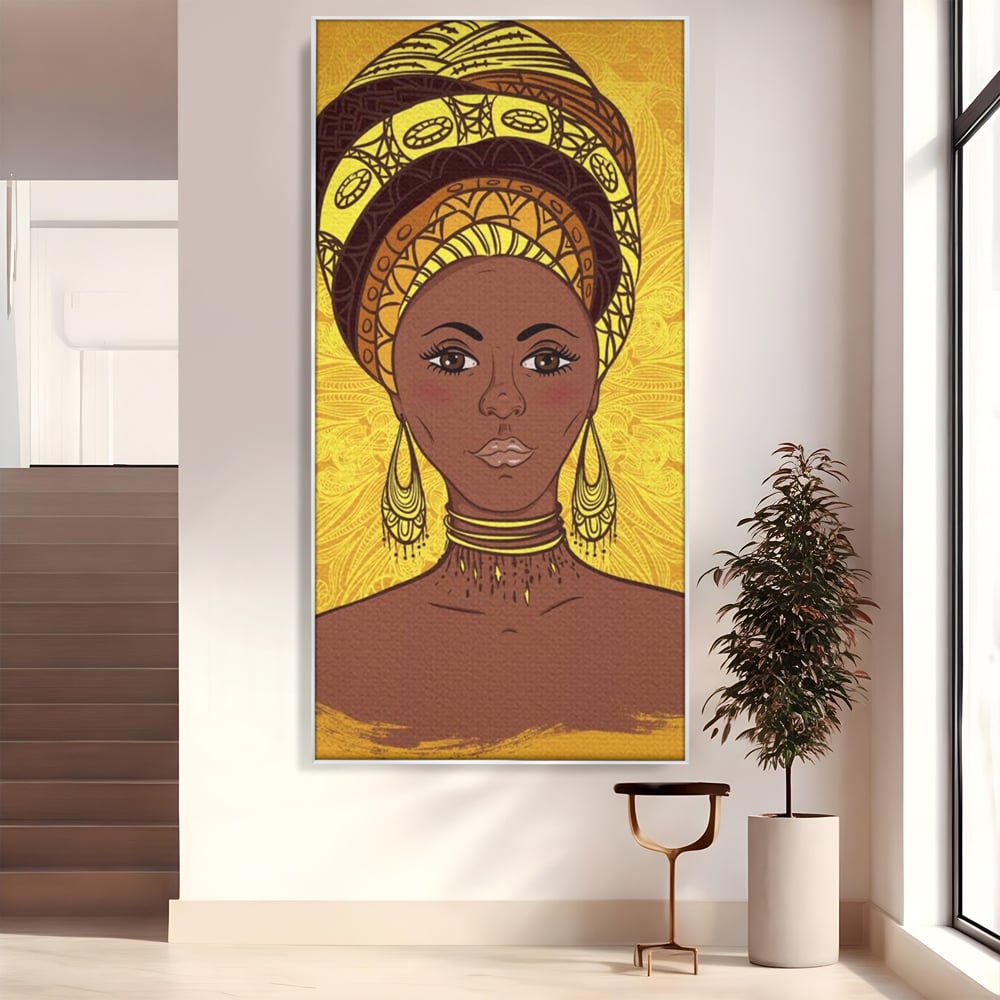 Tablou canvas cu ilustratie digitala cu femeie africana, in rama de aluminiu argintiu